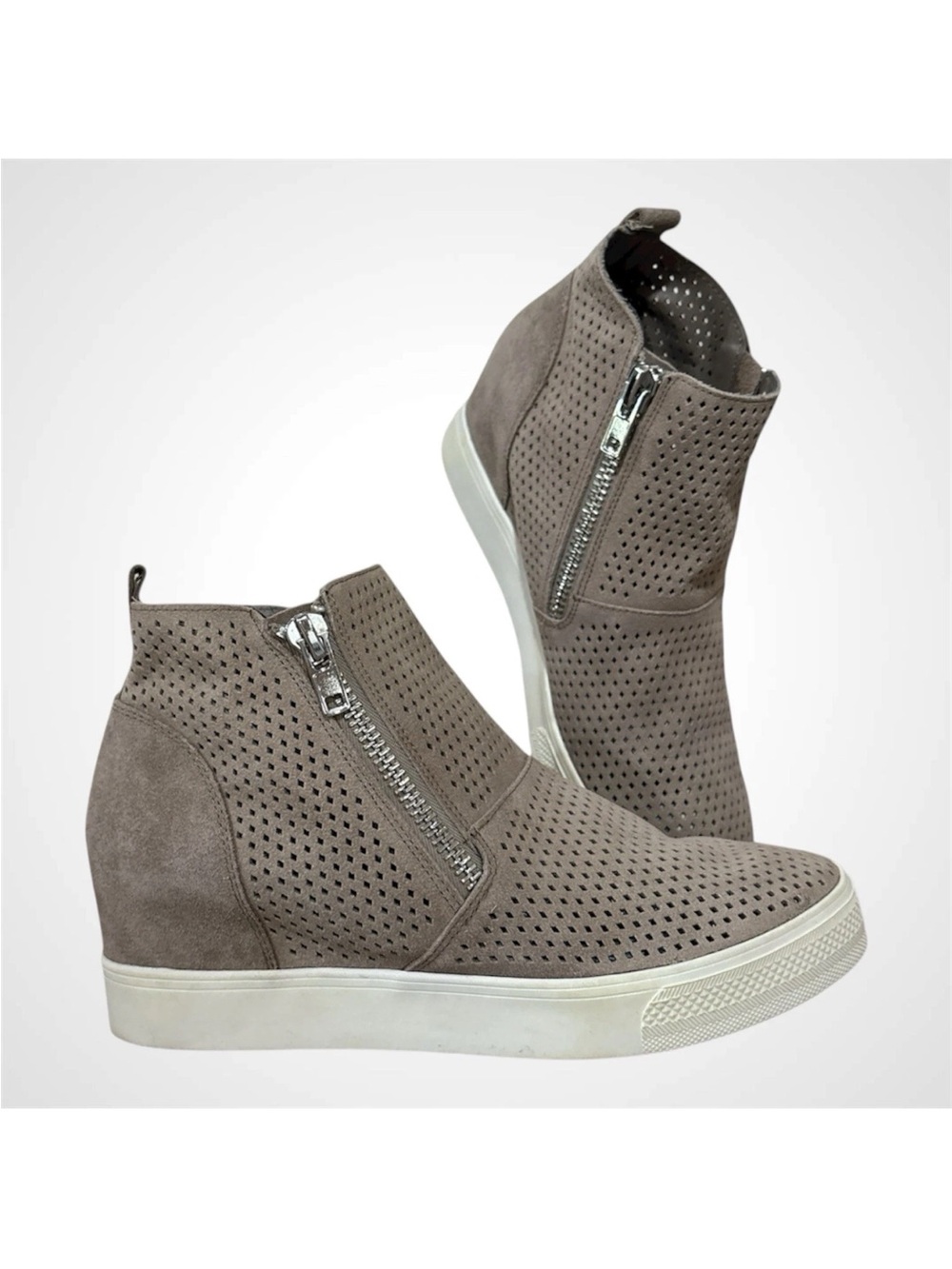 Steve Madden Taupe Perforated Wedge Sneaker Bootie with Side Zip - Picture 2 of 7